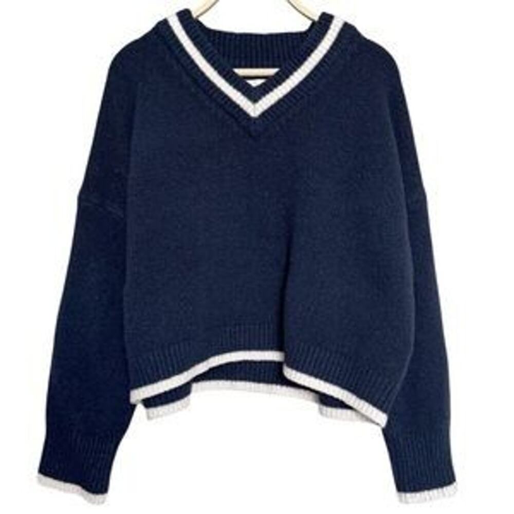 Abercrombie Fisherman V-Neck Sweater Medium Navy Nautical Coastal Preppy Beach